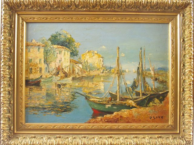 OLIVE, " Marines ". Paire d'huiles sur panneaux, signées en bas à droi