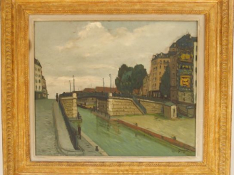 Vente aux enchères Alphonse QUIZET, " Le canal Saint Martin à Paris ". Huile sur isorel, 