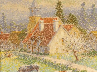 P. VIRY, " Paysage au clocher et aux vaches ". Huile sur toile, signée