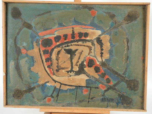 IBANEZ 'Composition'. Huile sur isorel signée en bas à droite.  46,5 x