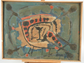 Vente aux enchères IBANEZ 'Composition'. Huile sur isorel signée en bas à droite.  46,5 x
