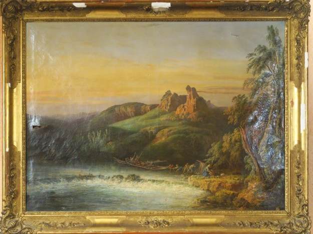 Ecole française XIXème "Retour de pêche".  Huile sur toile (accidents)
