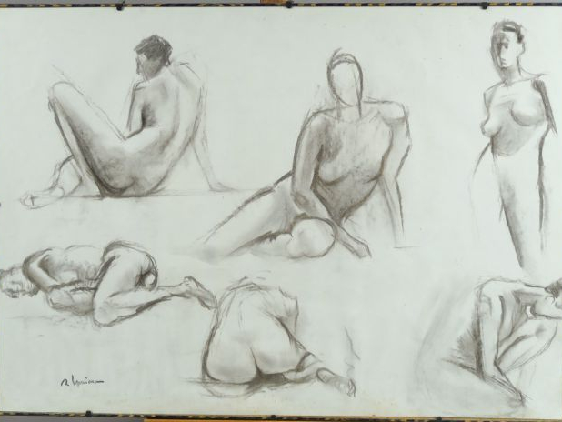 Raymond ESPINASSE. "Etude de nus".  Dessin. Signé en bas à droite.