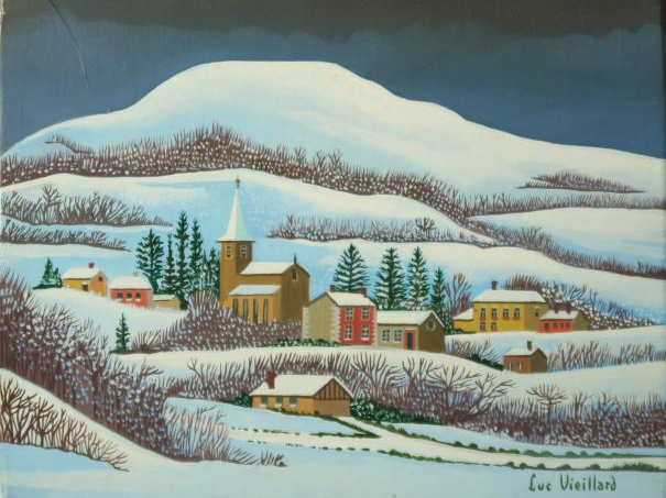 Lucien VIEILLARD "Hameau sous la neige dans l'Ariège" Huile sur toile.