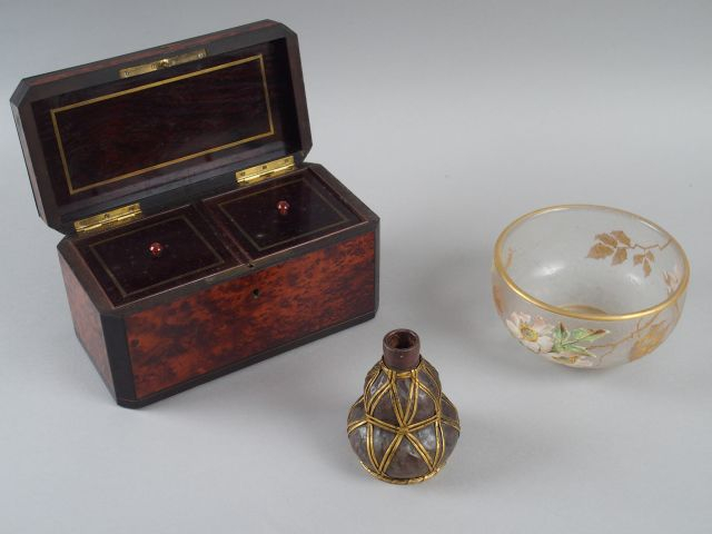 Boite à thé Napoléon III en marqueterie Boulle, vase 1900 en grés, mon