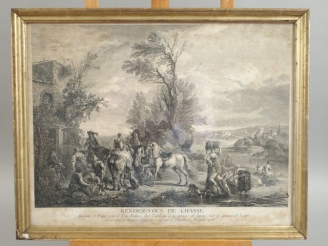 Vente aux enchères Paire de gravures en noir "Rendez-vous de chasse" et "Alte de chasseur