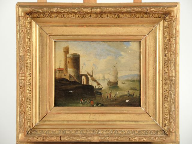 Ecole du Nord XVIIIe.'Marine'. Huile sur panneau, cachet de collection