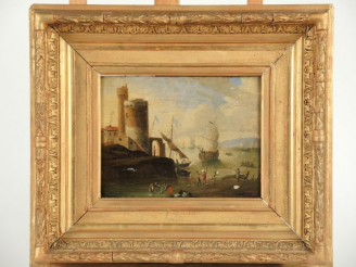 Vente aux enchères Ecole du Nord XVIIIe.'Marine'. Huile sur panneau, cachet de collection