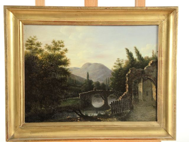 Ecole XIXe. ‘Paysage au pont’. Huile sur zinc. 23 x 32 cm