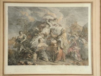 Vente aux enchères Gravure en couleurs XVIIIe d’après Lemoine 'Iphigénie'. 47 x 58 cm