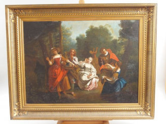 Vente aux enchères Ecole française XIXème "Goûter champêtre". Huile sur toile. Dim. : 45 