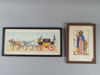 Vente aux enchères Aquarelle au pochoir "Le coach". Signée Lorenzo et datée 1920. On y jo