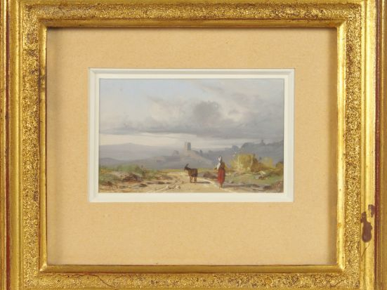 Petite gouache napolitaine XIXe 'Paysanne cheminant'. 5,5 x 9 cm