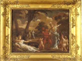 Vente aux enchères Ecole XVIIème. "Scène mythologique". Huile sur toile. Dim. : 34 x 42,5