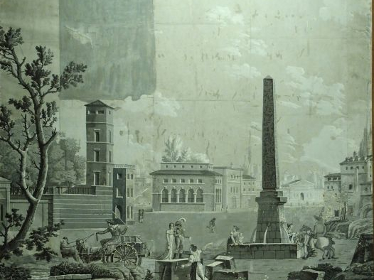 Papier peint XIXème à décor en grésaille de villes animées (réentoilé,