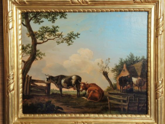 Vente aux enchères Paulus POTTER (d'après) 'Paysans et leur bétail devant la ferme'. Huil