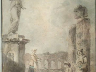 Vente aux enchères Hubert ROBERT (1733-1808) 'Famille paysanne dans des ruines antiques'.