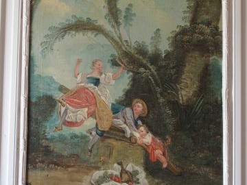 Trumeau fin XVIIIe à décor d’enfants jouant, encadrement laqué blanc, 
