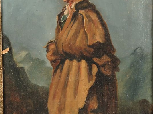 Ecole française XIXe. "Vagabond italien".  Huile sur toile.  Dim. 44 x