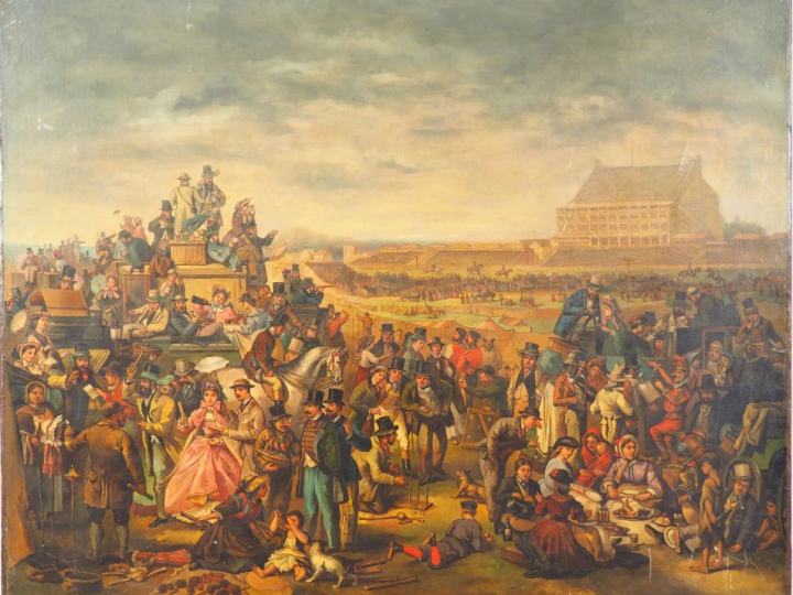 Ecole anglaise XIXème "Fête et pique-nique sur un champs de courses" H