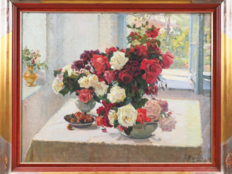 Vente aux enchères Ecole russe début XXème.  "Nature morte aux bouquets". Huile sur toile