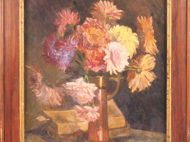 Ecole française début Xxème. 'Bouquet de fleurs dans un vase' Huile su