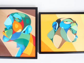Vente aux enchères Ecole française XXème. "Portraits". Paire de collages signés et datés.