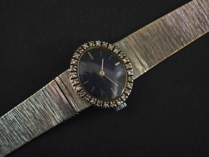 Montre de dame, bracelet et boitier en or blanc, cadran ovale serti d'