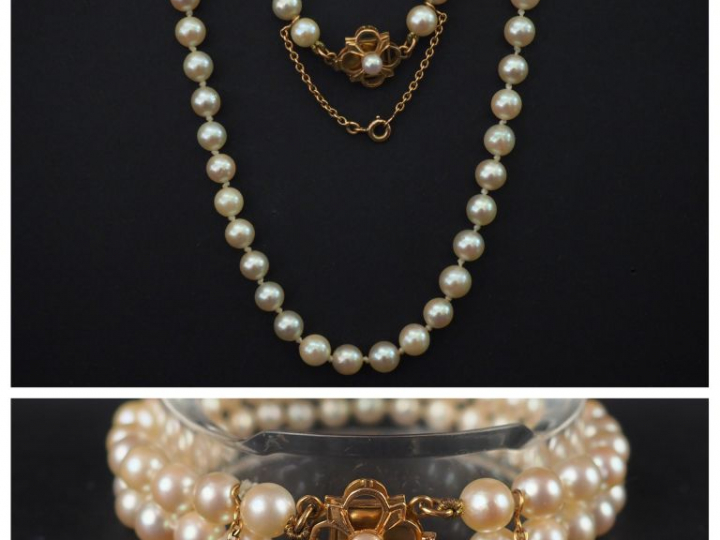 Sautoir de perles de culture, fermoir or on y joint un bracelet de per