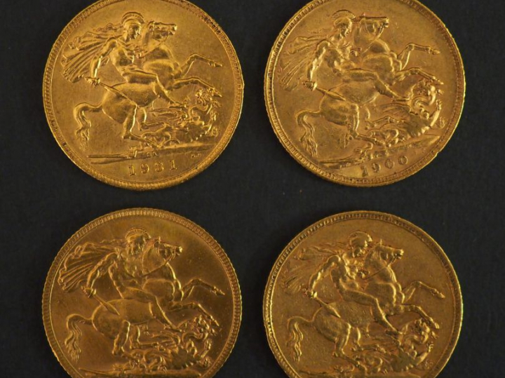 4 souverains or 1931, 1911, 1900, 1893 Poids : 31,80 g FRAIS ACHETEUR 