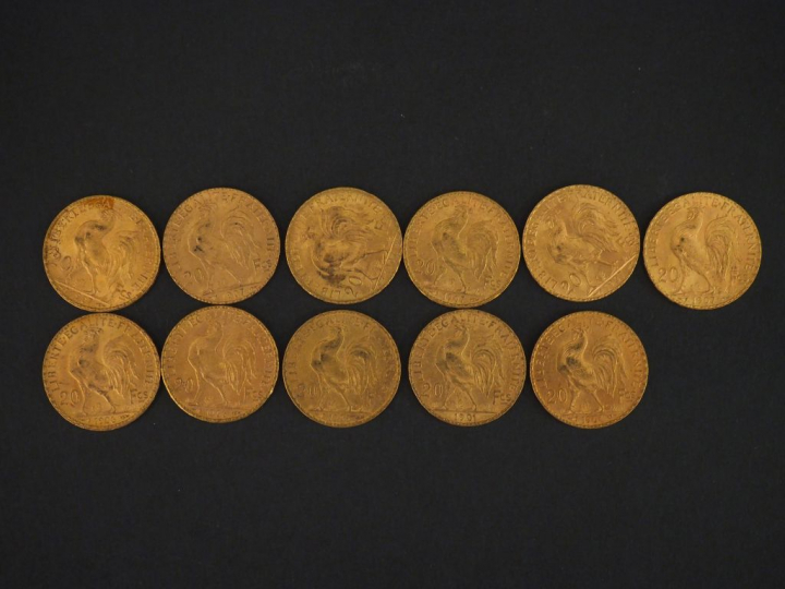 11 pièces de 20 Francs or : 6 de 1907, 2 de 1906, 1 de 1905, 1 de 1904