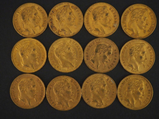 Vente aux enchères 12 pièces de 20 Francs or : 3 de 1862, 1 de 1870, 2 de 1867, 1 de 1866