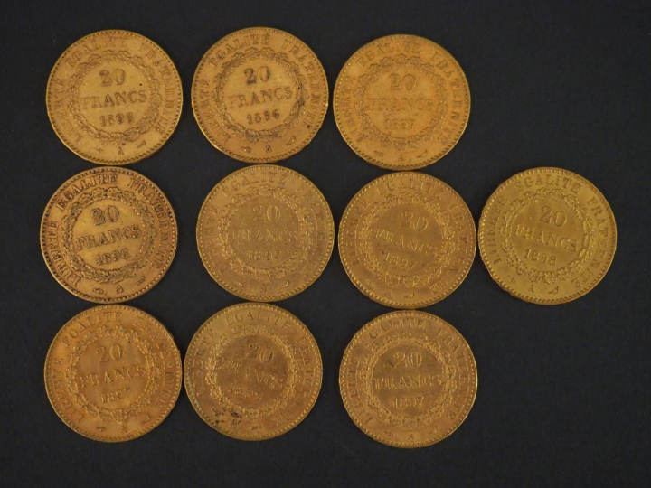 10 pièces de 20 Francs or : 5 de 1897, 1 de 1898, 3 de 1896, 1 de 1893