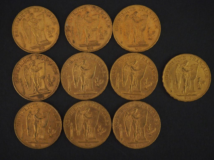 10 pièces de 20 Francs or : 5 de 1897, 1 de 1898, 3 de 1896, 1 de 1893