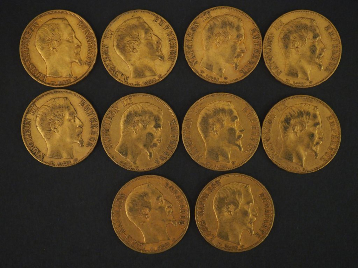 10 pièces de 20 Francs or : 5 de 1854, 3 de 1852, 1 de 1857, 1 de 1855