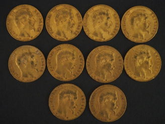 Vente aux enchères 10 pièces de 20 Francs or : 3 de 1859, 1 de 1860, 2 de 1856, 3 de 1857
