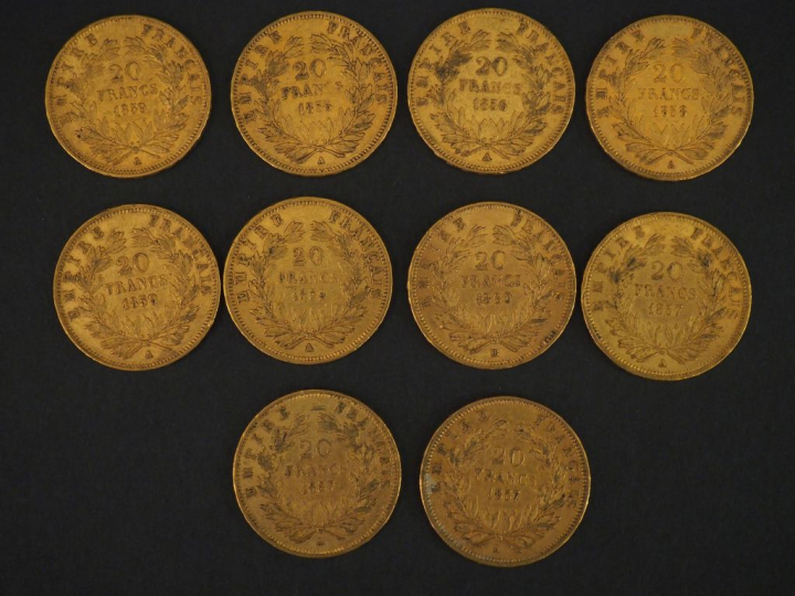 10 pièces de 20 Francs or : 3 de 1859, 1 de 1860, 2 de 1856, 3 de 1857