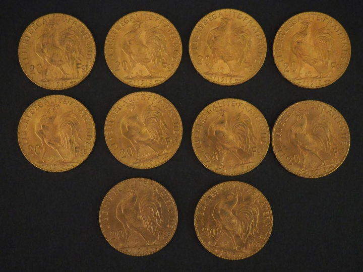 10 pièces de 20 Francs or, 1913 FRAIS ACHETEUR : 10 % HT   