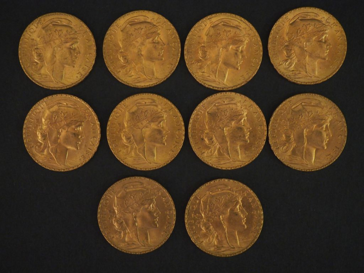 10 pièces de 20 Francs or, 1913 FRAIS ACHETEUR : 10 % HT   