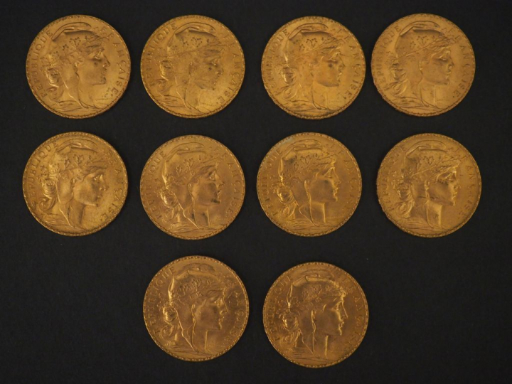 10 pièces de 20 Francs or, 1909 FRAIS ACHETEUR : 10 % HT   