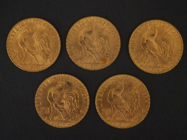 5 pièces de 20 Francs or, 1910 FRAIS ACHETEUR : 10 % HT   