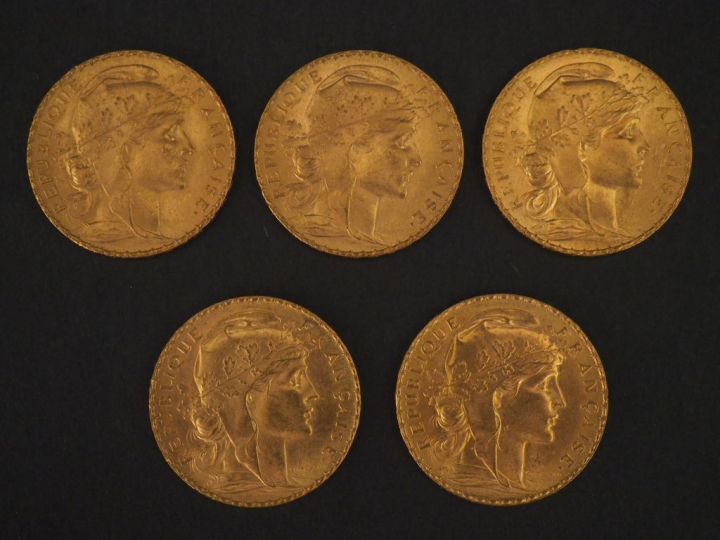 5 pièces de 20 Francs or, 1910 FRAIS ACHETEUR : 10 % HT   