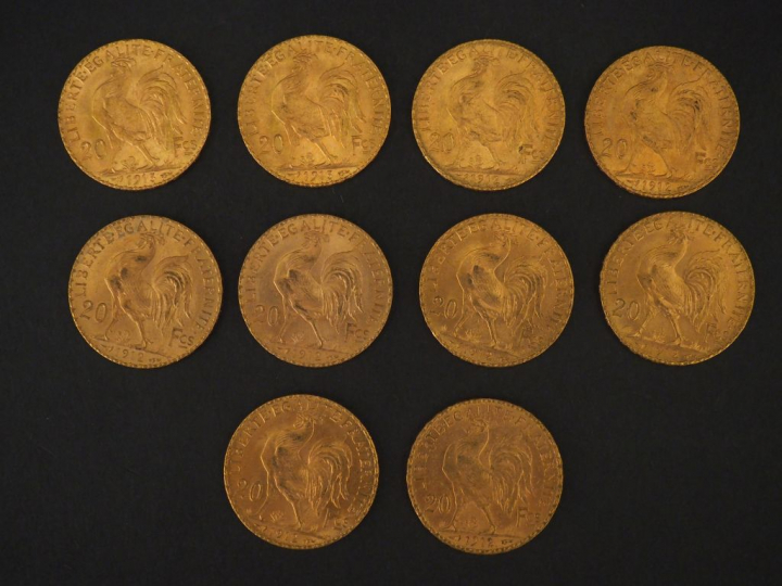 10 pièces de 20 Francs or : 8 de 1912, 2 de 1913 FRAIS ACHETEUR : 10 %