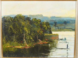 Vente aux enchères DOM "Paysage d'Afrique". Huile sur toile, signée en bas à droite. Dim.