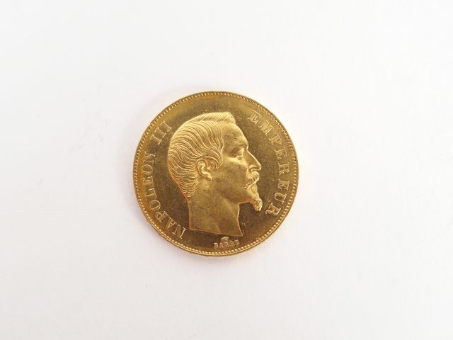 Pièce de 50 Francs or Napoléon Empereur tête nue, 1855-A. Poids: 16,2g