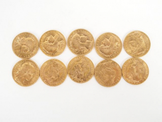 Vente aux enchères 10 pièces de 20 Francs or, Marianne. Poids: 64,7gr