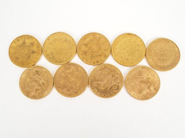 9 pièces de 20 Francs or: -4x Marianne, -2x Napoléon III tête nue 1857