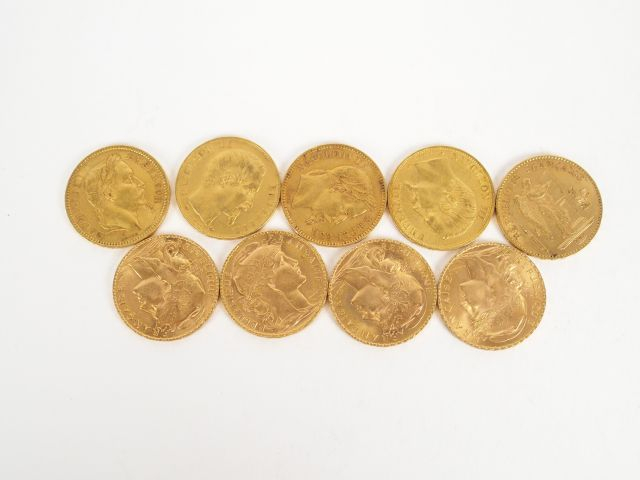 9 pièces de 20 Francs or: -4x Marianne, -2x Napoléon III tête nue 1857