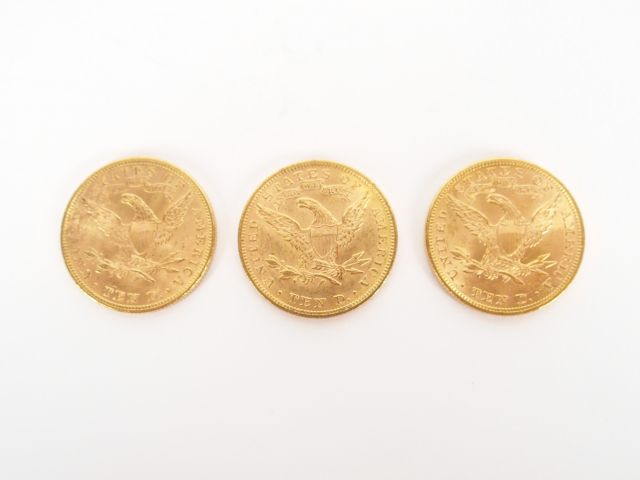 3 pièces de 10 Dollars or, Liberty Head, 1892,1893 et 1894. Poids: 50,
