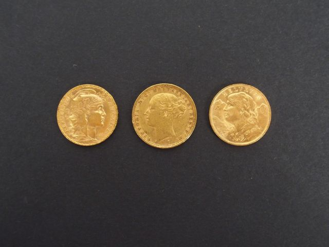 3 pièces de 20 Francs or: Suisse 1922-B, Marianne 1913, Souverain 1887